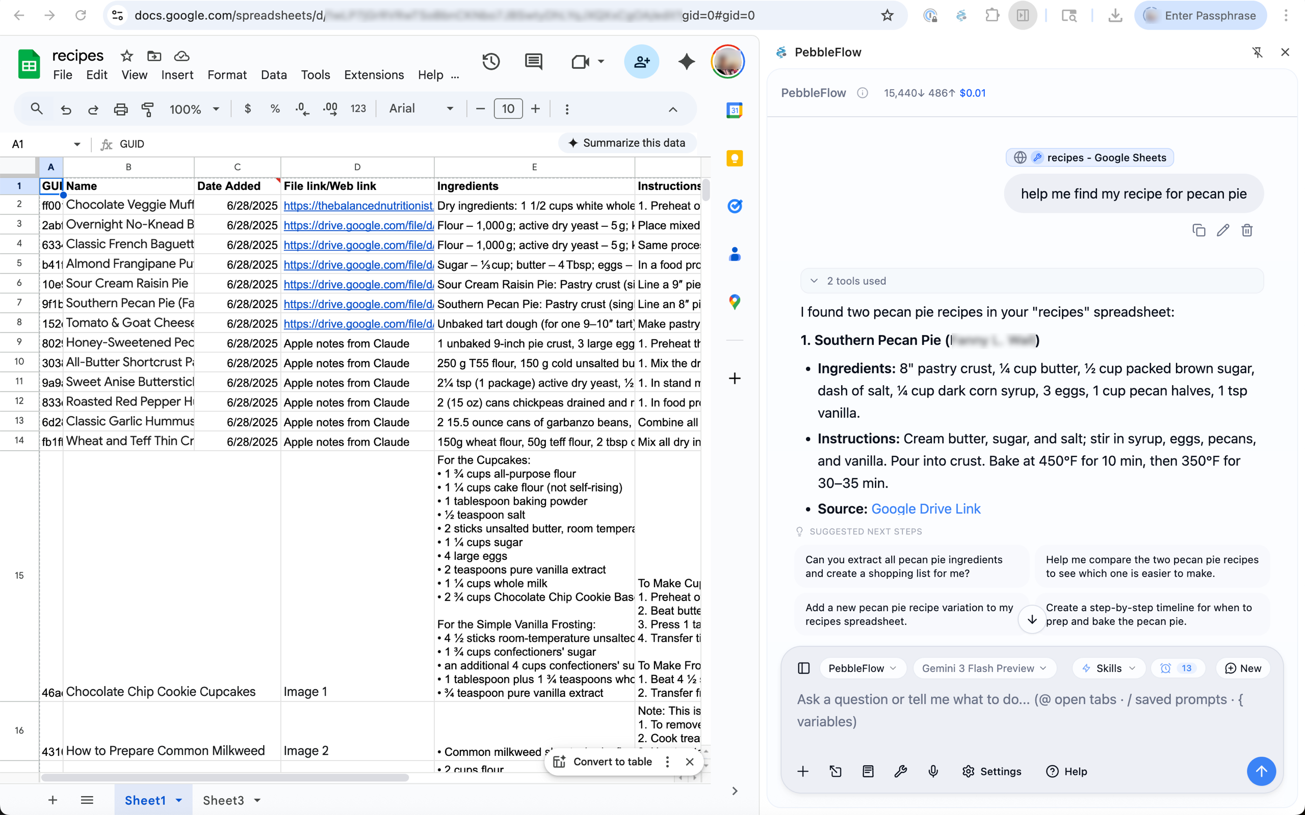 PebbleFlow working with Google Sheets to find recipe information