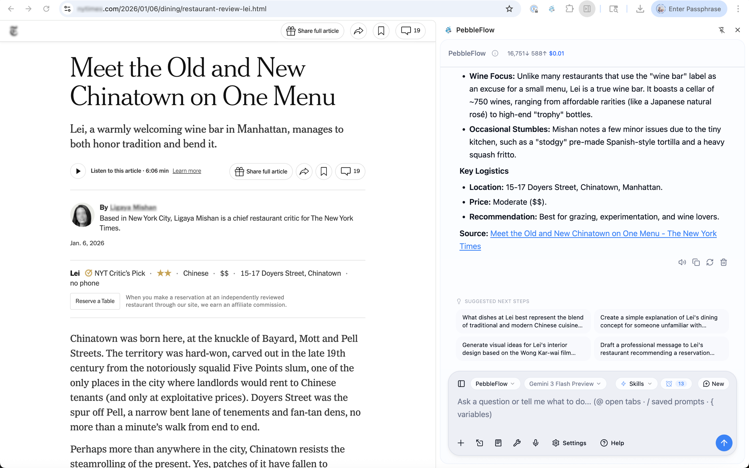 PebbleFlow analyzing a New York Times restaurant review article