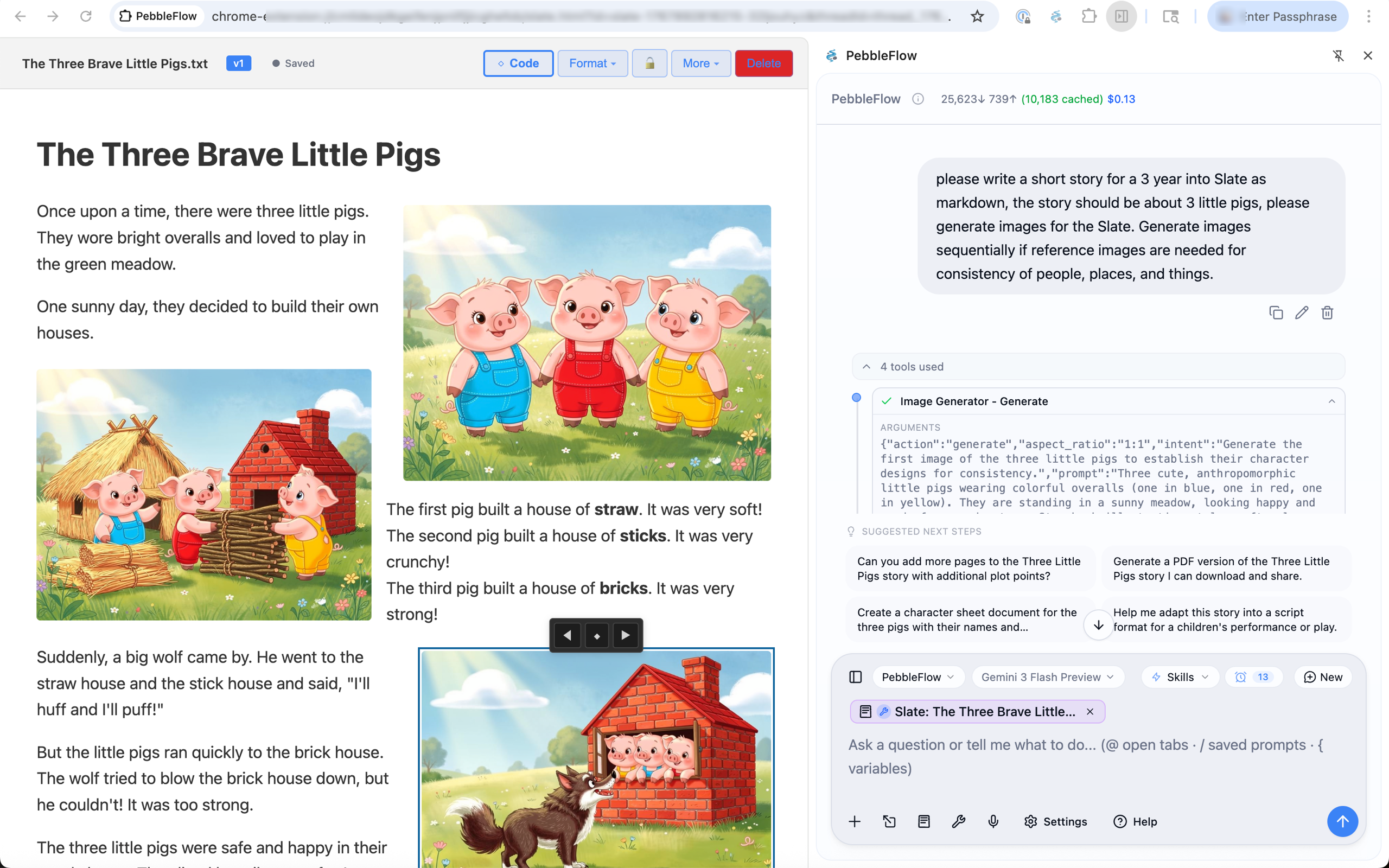 Slate editor showing an AI-generated children's story with illustrations